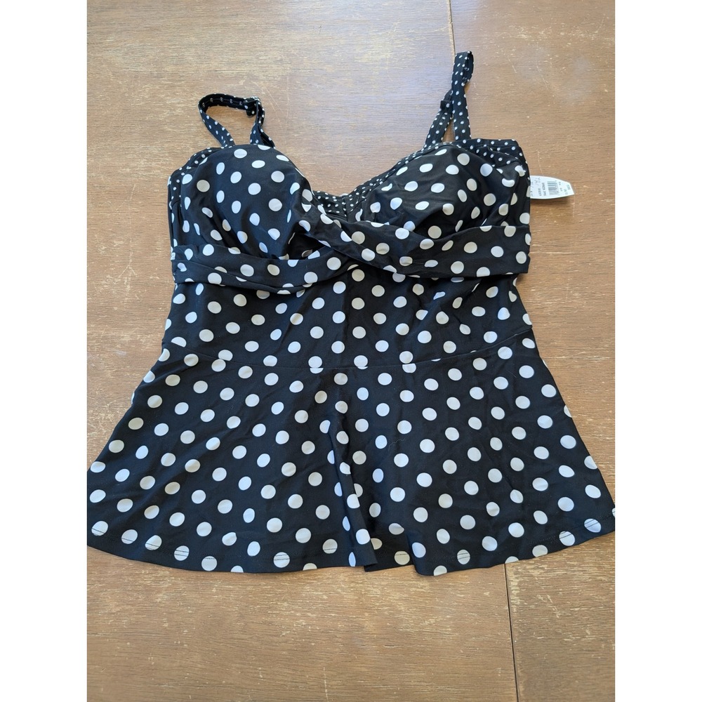 Isaac Mizrahi Live Womens Polka Dot Twist Front Tankini Swim Top Black White 12